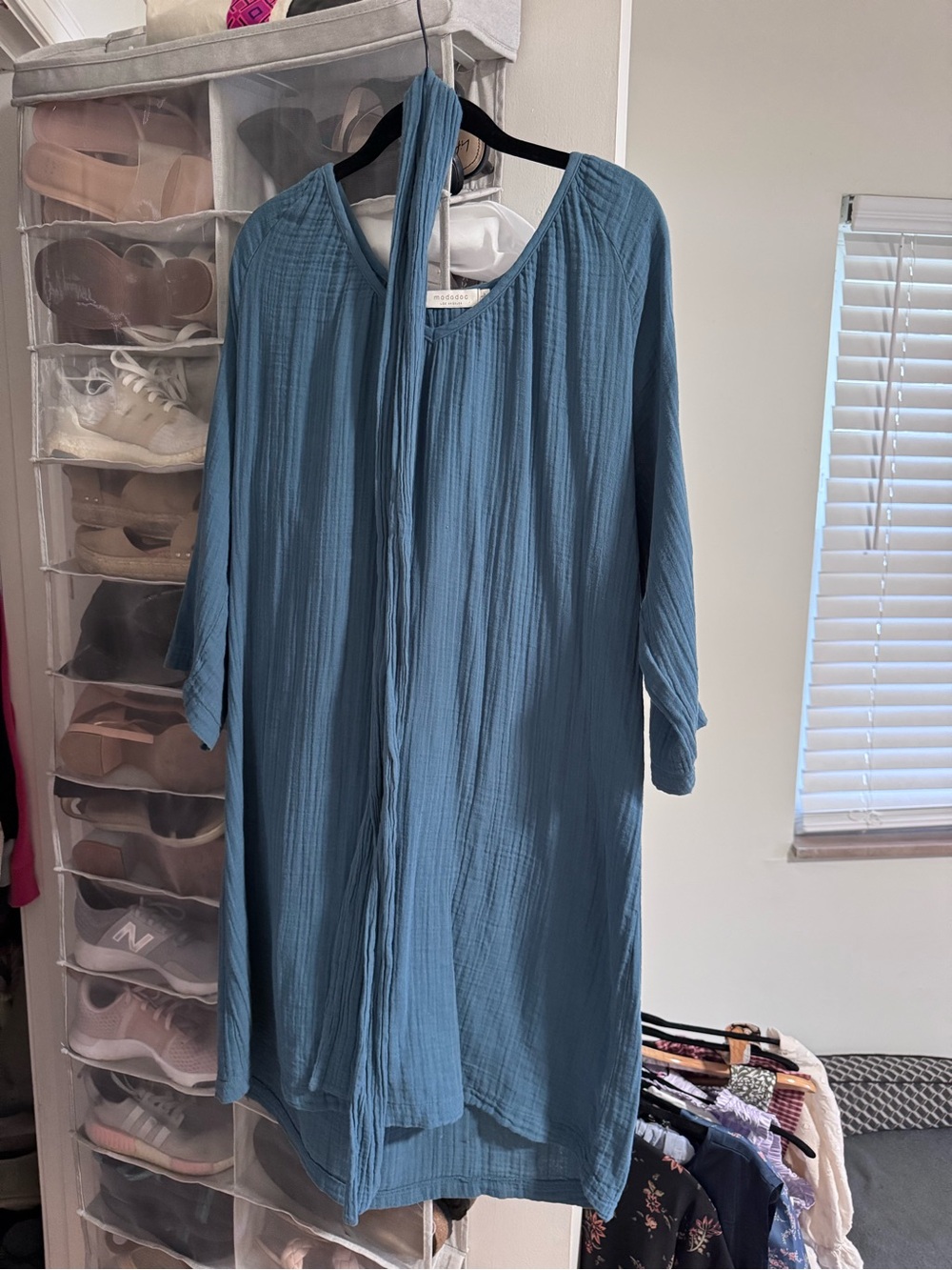 Lightweight Blue Long-Sleeve Dress with Neck Tie